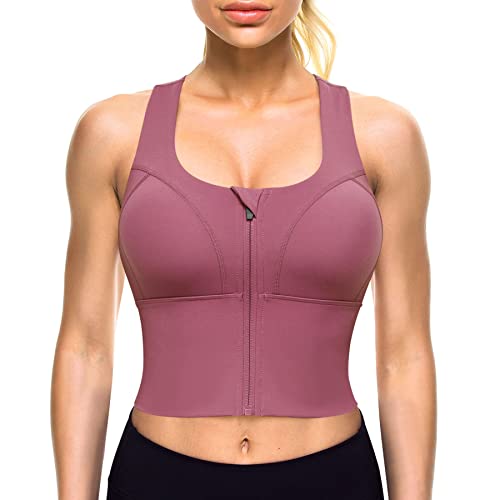 CYDREAM Langer Sport-BHs mit Reißverschluss vorne für Damen, bauchfreies Tanktop, überkreuzte Rückenunterstützung, Fitness, Yoga, Workout, Shirts, Pink, Medium von CYDREAM