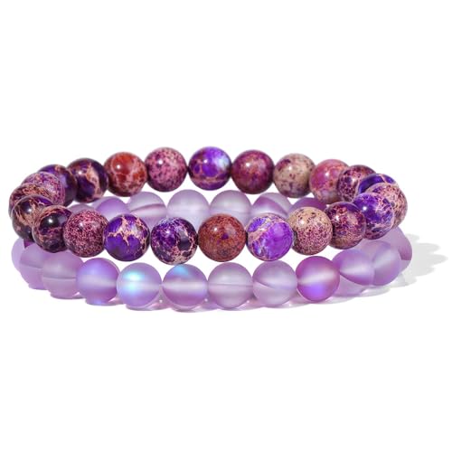 CYDXD Armband-Set aus Naturstein,8mm Runde Perlen,Dehnbar,Verstellbar,Perlenarmreifen,Freundschaftsgeschenke für Männer und Frauen,Paare,Jahrestage,Lila-1,8mm von CYDXD