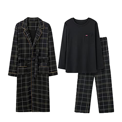 CYGE 3-Teiliges Pyjama-Set Für Herren Übergröße Baumwolle Revers V-Ausschnitt Klassisch Kariert Langärmelig Geknöpft Mit Bademantel,Kk3026,3XL von CYGE