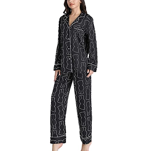 CYGE Damen Seidensatin Pyjama Sets 2 Stück Button Down Sleepwear Herbst Lange Ärmel Pj Set,011,XL von CYGE