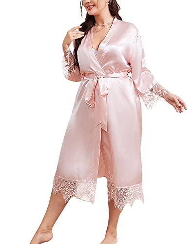 CYGE Frauen in Voller Länge Satin Robe Plus Size Nachthemden Morgenmantel Sexy Spitze Bademantel Rosa XL-5XL,Rosa,5XL von CYGE