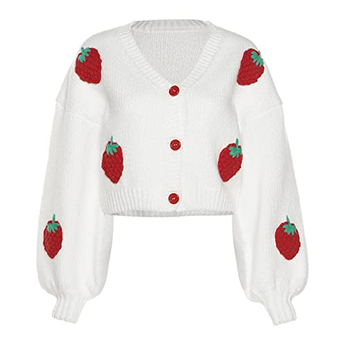 Damen Pullover Mit Knöpfen V Ausschnitt Kabelstrick Crop Cardigan Niedliche Übergroße Erdbeer Pullover Cardigans,Weiß,S Damen Pullover Mit Knöpfen V Ausschnitt Kabelstrick Crop Cardigan Niedliche Übergroße Erdbeer Pullover Cardigans,Weiß,S von CYGE
