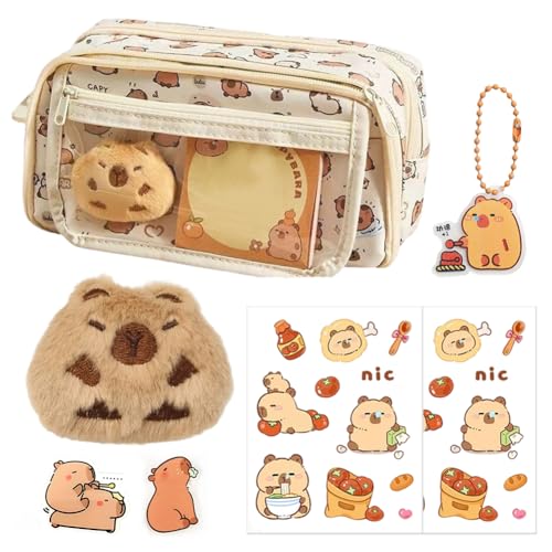 CYGMRFH Capybara Federmäppchen Kawaii Tieretui Plüsch Set mit Sticker Schlüsselanhänger Clip Brustpin Geschenk Mädchen Teenager Kinder Schule Schreibwaren Organizer Büro Zubehör von CYGMRFH