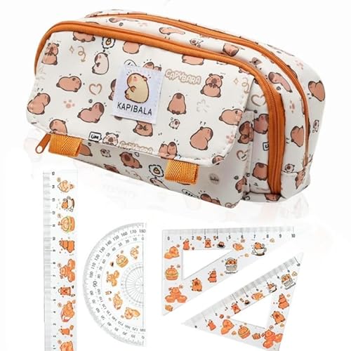 CYGMRFH Capybara Federmäppchen Set mit Lineal Schulzubehör Kinder Etui mit süßem Tiermotiv Aufbewahrung für Stifte Lineale Dreieck Zeichnen Geschenk für Mädchen Jungen Schule Büro Reisen von CYGMRFH