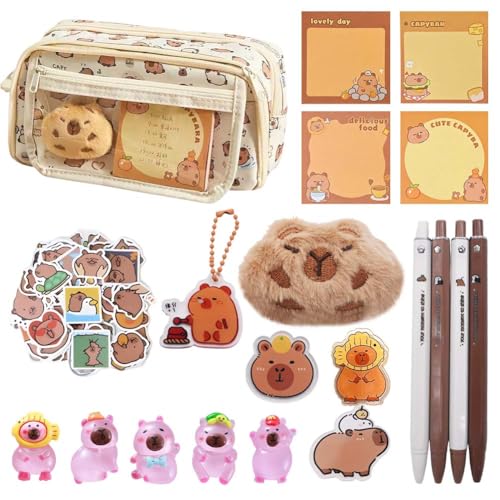 CYGMRFH Capybara Mäppchen,34PCS Capybara Schreibwaren Set mit Plush Puppe Schlüsselanhänger, Aufkleber, Brosche, Notizen, Mini Harz Capybara Figuren,Klemme, Schreibwaren Geschenk Rosa von CYGMRFH