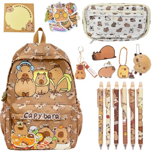 CYGMRFH Capybara Rucksack Kinder Cartoon Schoolbag Schulmäppchen & Schlüsselanhänger Set Radierbare Stifte Cartoon Tier Stifthalter Federmäppchen Pencil Case Kinder Schulbedarf Buchtasche Geschenk von CYGMRFH