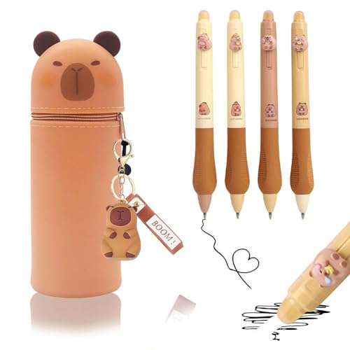 CYGMRFH Capybara Silikon Federmäppchen Radierbarer Kugelschreiber Stifte & Schlüsselanhänger Set,2 In 1 Weiche Tier Stiftetasche,Kawaii Silikontasche Tischstifthalter,Capybara Mäppchen Reißverschluss von CYGMRFH