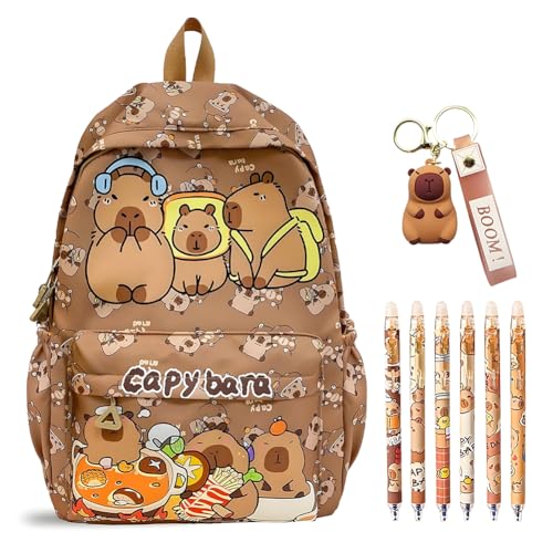 Capybara Kinder Rucksack Capybara Federmäppchen mit Stiften & Schlüsselanhänger Set Cartoon Schoolbag Tier Stifthalter Pencil Case Capybara Schreibwaren Set Schulbedarf Buchtasche Geschenk (--C-1) von CYGMRFH
