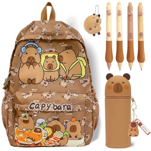 Capybara Kinder Rucksack Capybara Silikon Federmäppchen mit Stiften & Schlüsselanhänger Set Cartoon Schoolbag Tier Stifthalter Pencil Case Capybara Schreibwaren Set Schulbedarf Buchtasche Geschenk von CYGMRFH