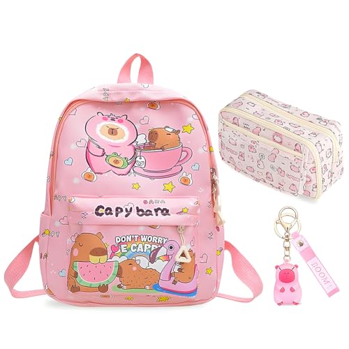 Capybara Rucksack Set mit Rosa Capybara Schlüsselanhänger, Neunschichtiger Rosa Federmäppchen, Kawaii Kinder Backpack Schoolbag Kinderrucksack, Cute Schreibwaren Set, Schule Geschenk für Kinder​ von CYGMRFH