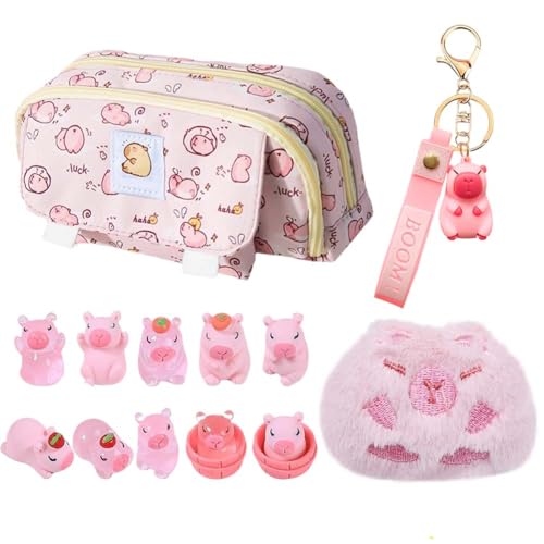 Capybara Schreibwaren Set, Capybara Mäppchen & Puppe Schlüsselanhänger, 10 Mini Harz Capybara Figuren, Großer Kapazität Capibara Stift Tasche Cartoon Süßes Schreibwaren Geschenkset Für Kinder Rosa von CYGMRFH