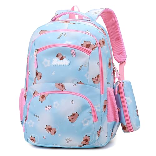 Capybara Schulrucksack Set mit Federmäppchen Capybara Kinderrucksack für Mädchen mit 3 Fächern Große Kapazität Verstellbare Träger Oxford Stoff Rucksack mit Innentaschen für Schule Vorschule (Blau) von CYGMRFH