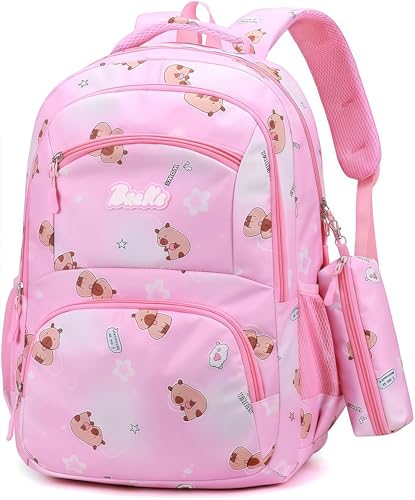 Capybara Schulrucksack Set mit Federmäppchen Capybara Kinderrucksack für Mädchen mit 3 Fächern Große Kapazität Verstellbare Träger Oxford Stoff Rucksack mit Innentaschen für Schule Vorschule (Rosa) von CYGMRFH