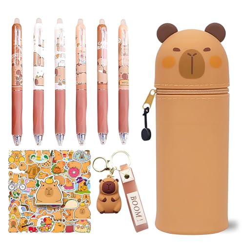 Capybara Silikon Federmäppchen Ausziehbar und Faltbar, mit 6 Drückbarer Stift Schlüsselanhänger und Aufkleber Set, 2-in-1 Kawaii Stiftetasche, Tischstifthalter für Schulbedarf, Kindergeschenk(C5) von CYGMRFH