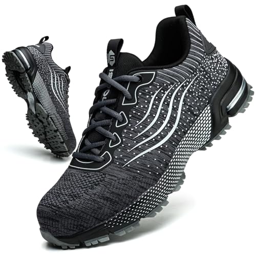 CYKYGGO Arbeitsschuhe Herren Sicherheitsschuhe Damen Leicht Sportlich Stahlkappe mit Dämpfung Stahlkappenschuhe rutschfest Atmungsaktiv Sneaker Grau 48 von CYKYGGO