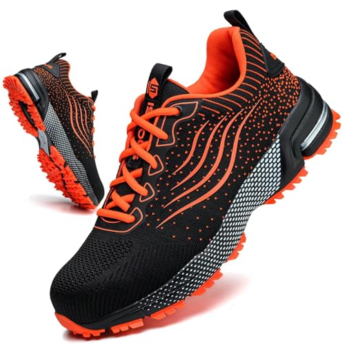 CYKYGGO Arbeitsschuhe Herren Sicherheitsschuhe Damen Leicht Sportlich Stahlkappe mit Dämpfung Stahlkappenschuhe rutschfest Atmungsaktiv Sneaker Orange 45 von CYKYGGO