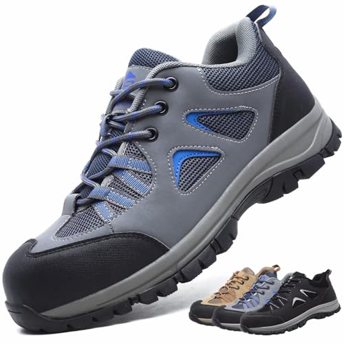CYKYGGO Arbeitsschuhe Herren Sicherheitsschuhe Damen Leicht Atmungsaktiv rutschfeste Anti Smashing Stahlkappenschuhe Grau Blau 46 von CYKYGGO