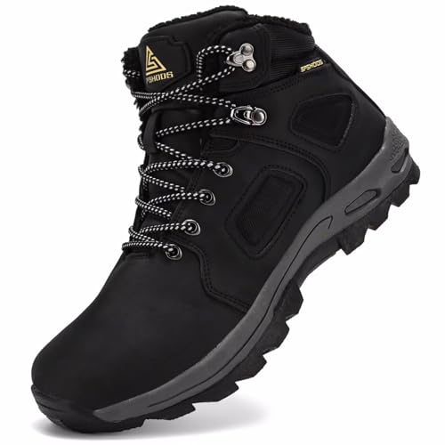 CYKYGGO Winterschuhe Herren Winterstiefel Warm Gefütterte Trekkingschuhe Wasserdicht Winterboots Schneestiefel Schwarz 43 EU von CYKYGGO