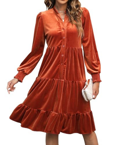 CYLADY Kleider für Damen 2024, V-Ausschnitt, Frühling, Samt, Rüschen, lange Ärmel, lässig, fließend, schwingend, Tunika, Etuikleider, burnt orange, Groß von CYLADY