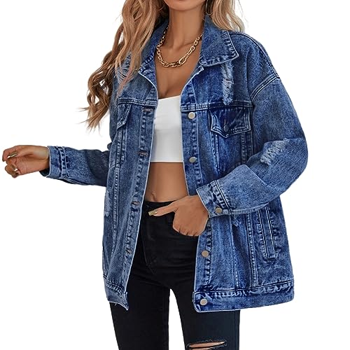 Oversize Jeansjacke für Frauen Zerrissene Jeansjacke Boyfriend Langarm Trucker Mantel, Dunkelblau, S Oversize Jeansjacke für Frauen Zerrissene Jeansjacke Boyfriend Langarm Trucker Mantel, Dunkelblau, S von CYLADY