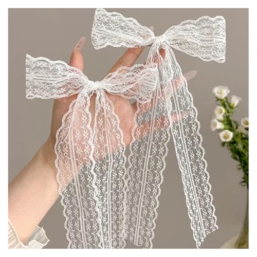 Haarspange schleife 1/2 stücke Weiße Spitze Bogen Haarnadel for Frauen Mädchen Band Haar Clips Weiß Lange Band Schleife Top Clip Weibliche haar Zubehör Hochzeit(White(2pcs)) von CYMMIYT