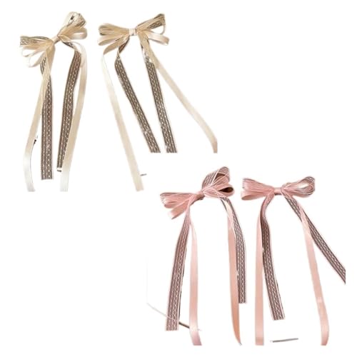 Haarspange schleife 2/4/6 stücke Lange Spitze Band Bogen Haar Clip for Frauen Süße Champagner Bowknot Pony Seite Barrettes Kopfbedeckungen Hochzeit(A-4pcs) von CYMMIYT