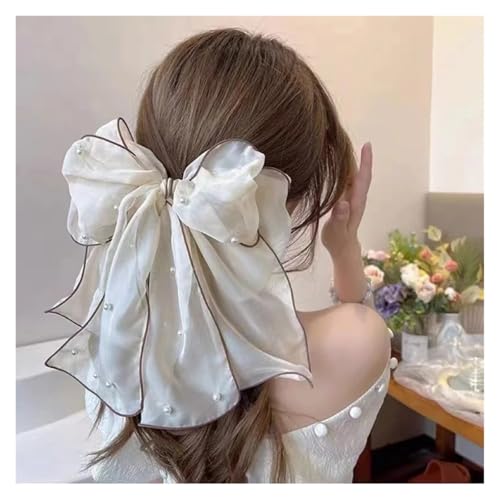 Haarspange schleife Bogen Perlen Chiffon Haarspangen Haarnadeln for Frauen Strass Frühling Haar Clips Band Stirnband Pferdeschwanz Haar Zubehör Hochzeit(Light blue) von CYMMIYT