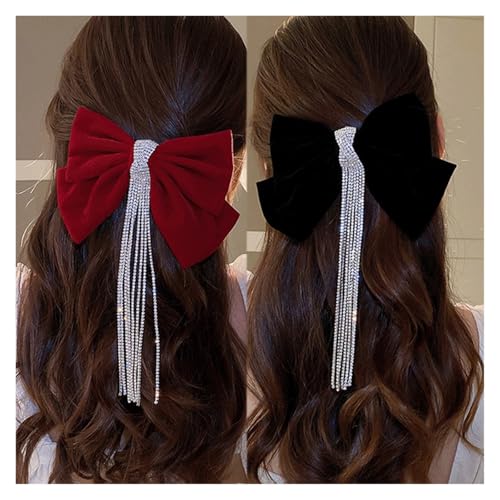 Haarspange schleife Retro Samt Schleife Haarspangen Zubehör Mädchen Schleife Bögen Mädchen Flash Quaste Haarspange Strass Band Krawatten Hochzeit(Style 2-black) von CYMMIYT
