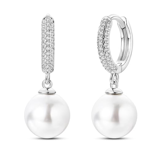 CYMYSS Ohrringe Silber 925 Hängend Zirkonia Earrings Ohrhänger Silber 925 Hängeohrringe für Damen Geschenk für Frauen Freundin Mama (Runde Perle) von CYMYSS