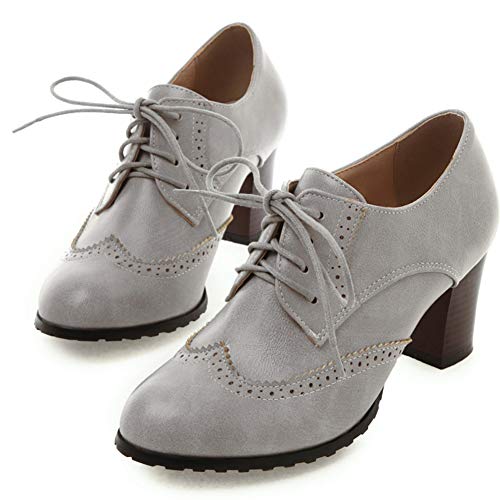 CYNLLIO Damen Vintage Wingtips Schnürschuh Oxfords Brogues Schuhe Mid Chunky Heels Pumps Perforierte Kleid Sattelschuhe, 1 Grau, 38.5 EU von CYNLLIO