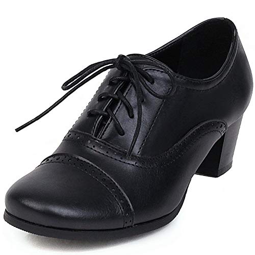 CYNLLIO Damen Vintage Wingtips Schnürschuh Oxfords Brogues Schuhe Mid Chunky Heels Pumps Perforierte Kleid Sattelschuhe, 2 Schwarz, 38.5 EU von CYNLLIO