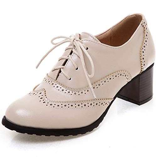 CYNLLIO Damen Vintage Wingtips Schnürschuh Oxfords Brogues Schuhe Mid Chunky Heels Pumps Perforierte Kleid Sattelschuhe, 5 Beige, 39.5 EU von CYNLLIO
