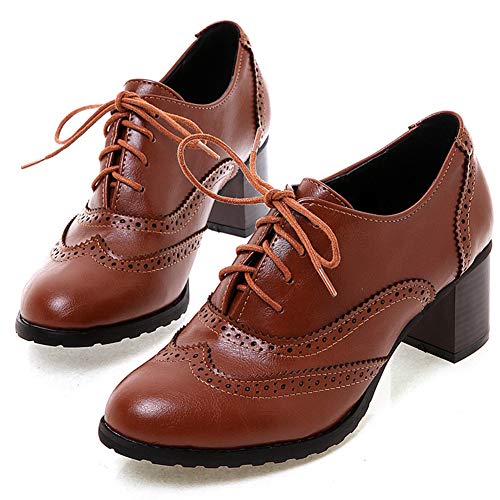 CYNLLIO Damen Vintage Wingtips Schnürschuh Oxfords Brogues Schuhe Mid Chunky Heels Pumps Perforierte Kleid Sattelschuhe, 5 Braun, 36.5 EU von CYNLLIO