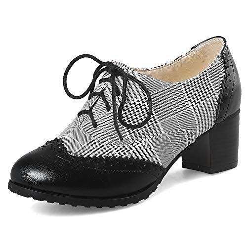 CYNLLIO Damen Vintage Wingtips Schnürschuh Oxfords Brogues Schuhe Mid Chunky Heels Pumps Perforierte Kleid Sattelschuhe, 6 Schwarz, 41 EU von CYNLLIO