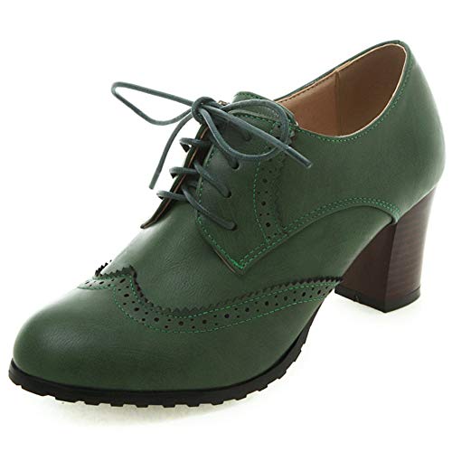 cynllio Damen Vintage Wingtips Schnürschuhe Oxfords Brogues Schuhe Mid Chunky Heels Pumps Perforiert Kleid Sattelschuhe, 1 Grün, 41 EU von CYNLLIO
