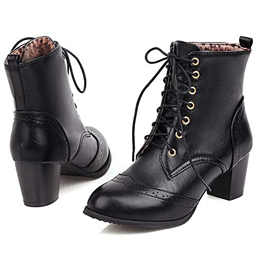 cynllio Vinatge perforierte Budapester Brogues Oxfords Stiefeletten für Frauen Chunky High Heel Lace Up Mid Calf Booties, Schwarz - 2 Schwarz - Größe: 43.5 EU von CYNLLIO