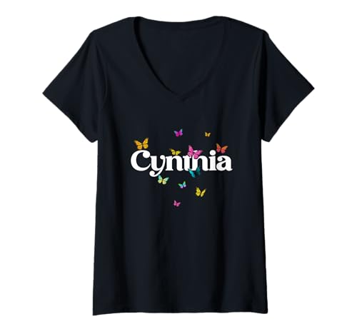 Damen Cynthia - Schöner Mädchen Name mit bunten Schmetterlingen T-Shirt mit V-Ausschnitt von CYNTHIA Tochter Enkel Geburtstag Geschenkideen