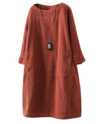 CYSTYLE Damen 3/4 Aermel Tunika Tshirt Kleider Oversize Cordkleider Langarm Longshirt Pullover Top Outwear (Orange, M) von CYSTYLE