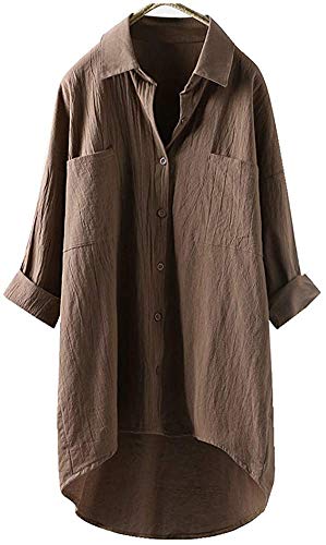 CYSTYLE Damen Baumwolle Leinenbluse Leinen Bluse Oversize Langarm Shirt Hemdbluse Elegant Übergröße Longbluse Oberteil Lose Lang Hemd Tops (Khaki, XL) von CYSTYLE