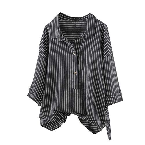 CYSTYLE Damen Baumwolle Leinenbluse Streifen Leinen Bluse Langarm Shirt Hemdbluse Elegant Longbluse Oberteil Lose Lang Hemd Tops (Schwarz, L) von CYSTYLE