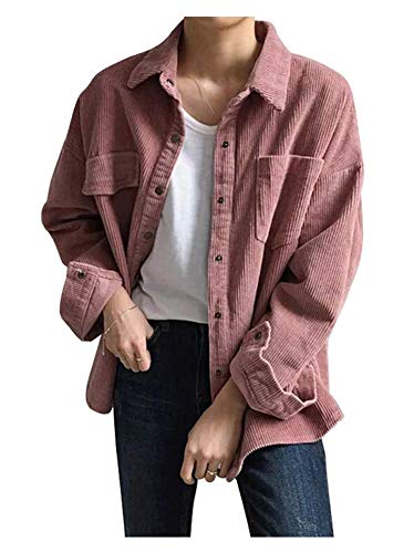 CYSTYLE Damen Cord Hemd Cordjacke Langarmes Button-Down-T-Shirt Retro Vintage Cordjacke Freizeit Jacken Oberteile Casual Langarm Top Outwear (Rosa, L) von CYSTYLE