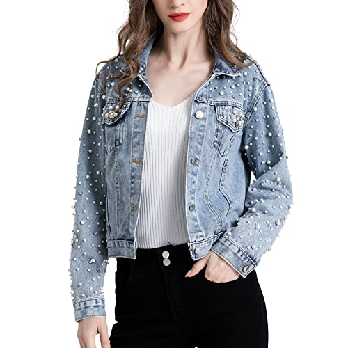 CYSTYLE Damen Jeansjacke Brautjacke Übergangsjacke Top Crop Jacke Denim Casual mit Perle von CYSTYLE