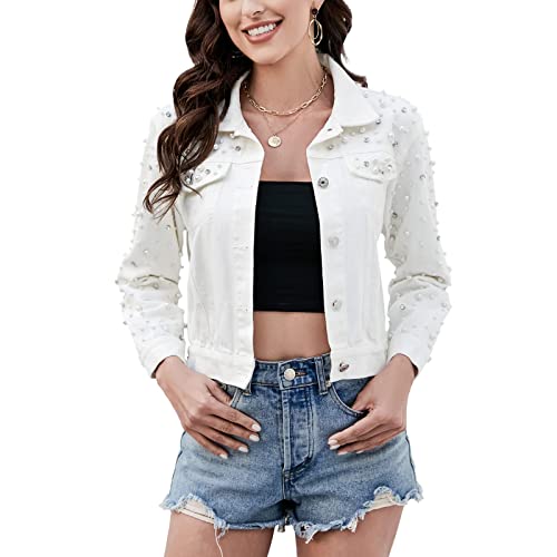 CYSTYLE Damen Jeansjacke Brautjacke Übergangsjacke Top Crop Jacke Denim Casual mit Perle von CYSTYLE