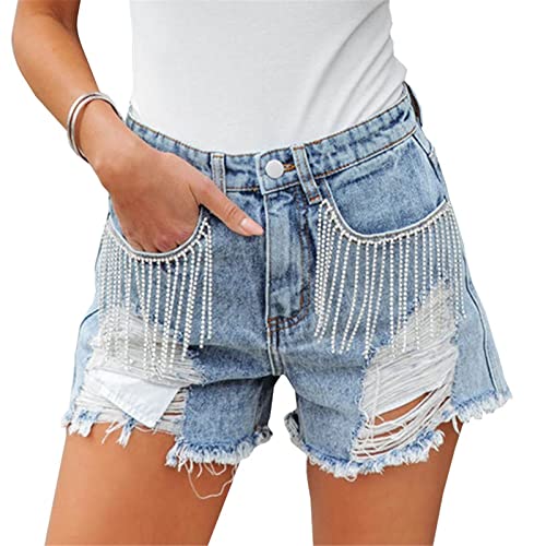 CYSTYLE Damen Jeansshorts Sommer Kurze Hose Mom Jeans Tassels Quaste mit Strasssteine Shorts Löchern Hotpants Skinny von CYSTYLE