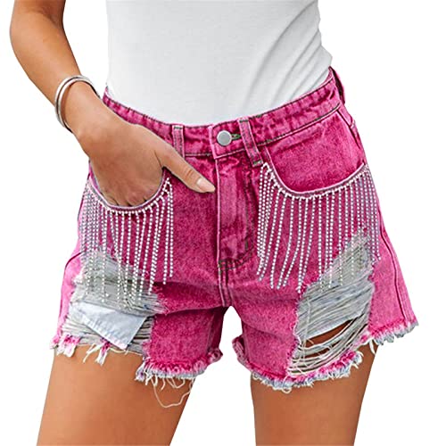 CYSTYLE Damen Jeansshorts Sommer Kurze Hose Mom Jeans Tassels Quaste mit Strasssteine Shorts Löchern Hotpants Skinny von CYSTYLE