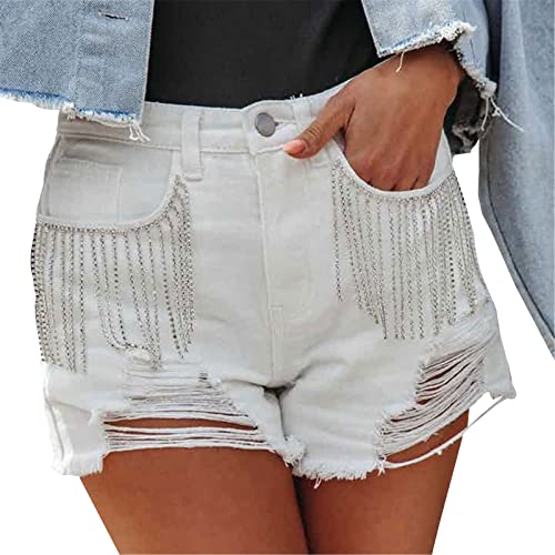 CYSTYLE Damen Jeansshorts Sommer Kurze Hose Mom Jeans Tassels Quaste mit Strasssteine Shorts Löchern Hotpants Skinny von CYSTYLE