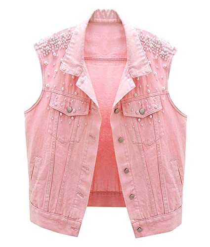 CYSTYLE Damen Jeansweste BF Perlen Jacke Ärmellos Einfache Beiläufige Jeansweste Denim Weste mit Loch Design (Rosa, L) von CYSTYLE