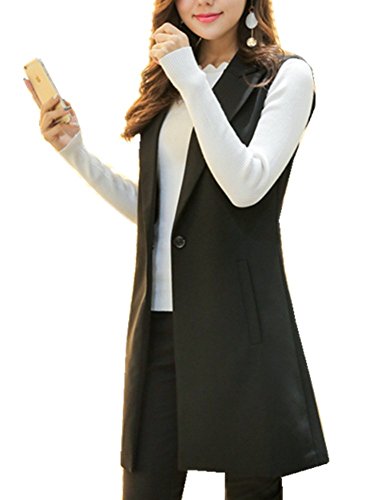 CYSTYLE Damen Lang Weste Ärmellos Jacke Dünn Mantel mit Taschen Reverskragen (EU L=Asia XL, Schwarz) von CYSTYLE