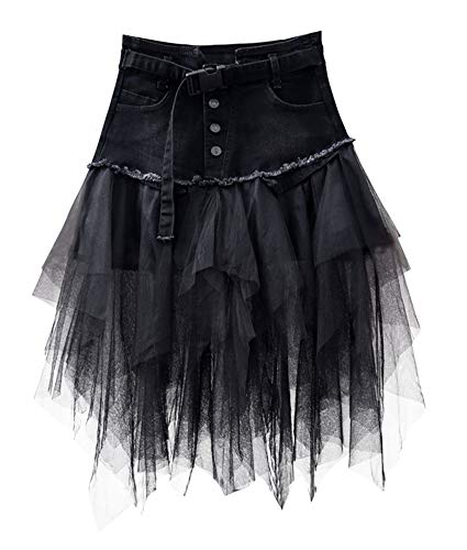 CYSTYLE Damen Mädchen Jeansrock Tüll Patchwork A-line Mini Plissiert Winter Rock Hosenträger Faltenrock Rock Mini Skaterrock Karneval Kleid Unterröcke (Schwarz, L) von CYSTYLE