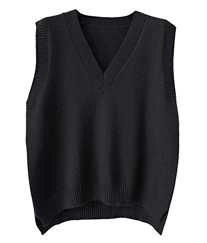 CYSTYLE Damen Merinowolle Pullunder Strickweste Weste Ärmellose Strickjacke Cardigan V-Ausschnitt Strickweste Top Outwear (Schwarz, L) von CYSTYLE